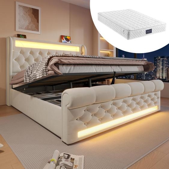 Lit double rembourré 140x200cm, Lit rembourré avec lampes LED, Tête de lit de rangement, Lit de rangement hydraulique, Gris, (avec matelas)
