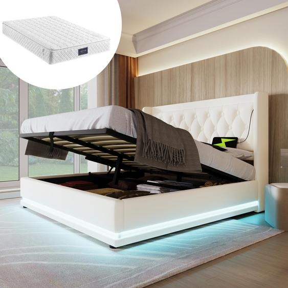 Lit double rembourré 160x200, blanc, en polyuréthane, avec système hydraulique de rangement, tête de lit rembourrée, ports USB et Type-C pour la recharge, éclairage LED sur 3 côtés. Livré avec matelas