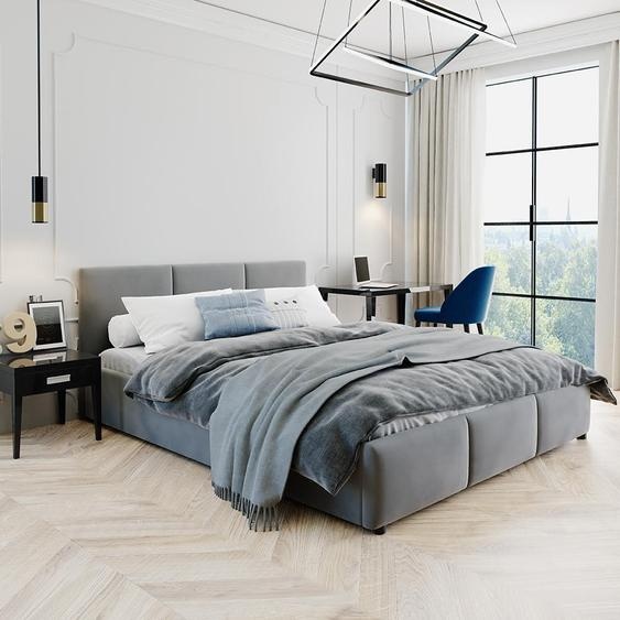 Lit double rembourré 160x200 cm velours gris | avec sommier à lattes métalliques et espace de rangement avec coffre de lit hydraulique