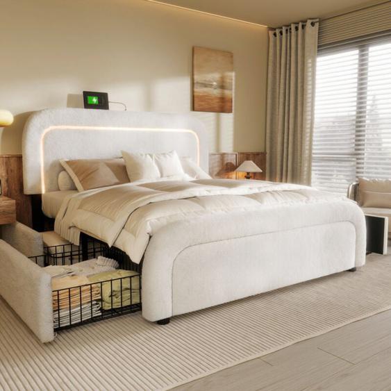 Modernluxe - Lit double rembourré en sherpa avec 2 tiroirs - 140x200cm - avec led et ports de charge - Blanc