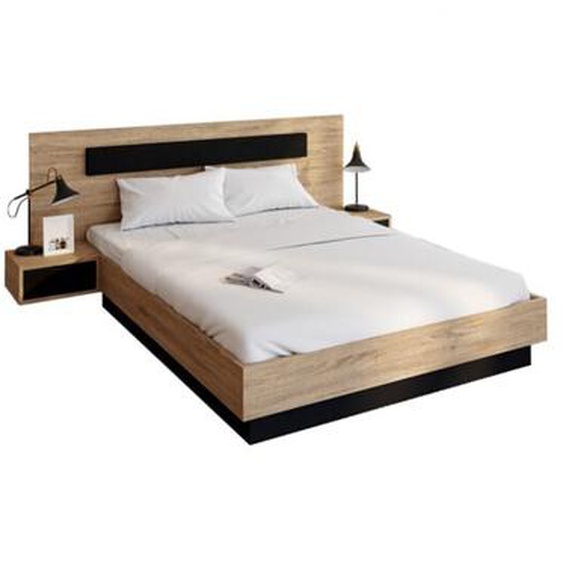 Idmarket - Lit double santa avec tête de lit + tables de chevet intégrées et sommier 140 x 190 cm bois et noir
