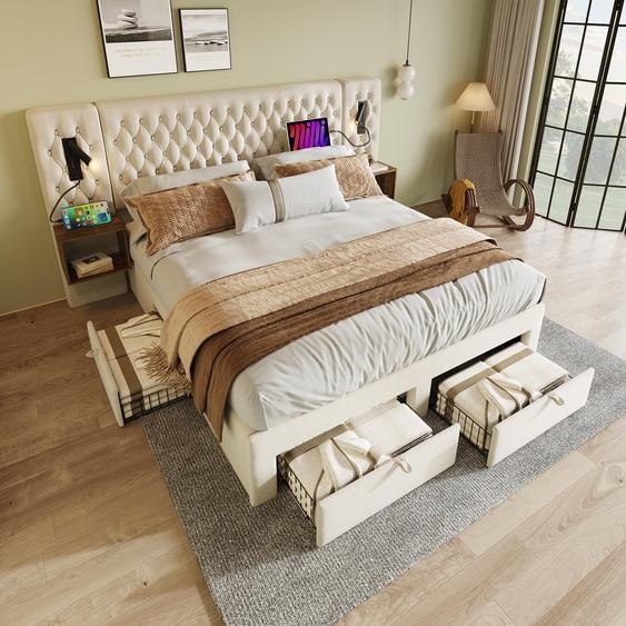 Lit double tapissé MODFU, dimensions 160 x 200 cm, avec 4 tiroirs, structure de lit avec rangement, lampes de lecture et tête de lit en velours avec 2 tables de chevet, sans matelas, couleur beige