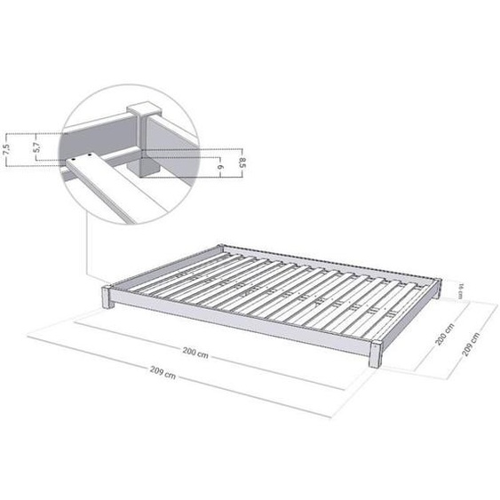 Lit double TATAMI - Benlemi - Bois massif - Naturel et gris - 200 x 200 cm - Capacité de charge 300 kg