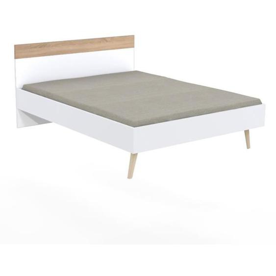 Lit double - TERRE DE NUIT - Blanc et chêne blanchi - Style scandinave - 140x190cm