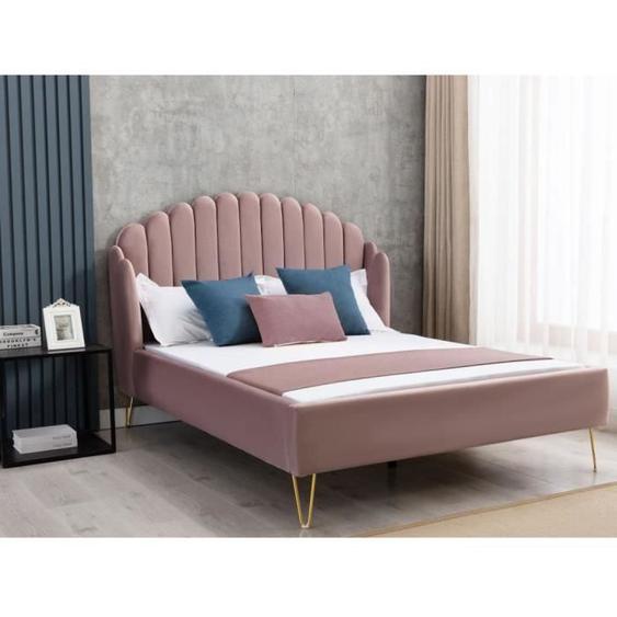 Lit EMMA avec tête de lit ondulée - 140 x 190 cm - Velours - Vieux rose - Charme vintage - VENTE-UNIQUE