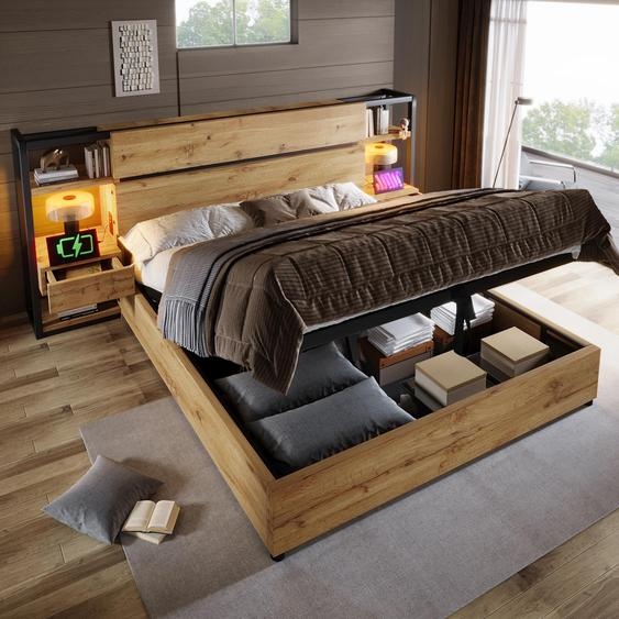Lit en bois 180 x 200 cm avec rangement, tête de lit à tiroirs et port USB Type-C, sommier hydraulique, style industriel, chêne, sans matelas