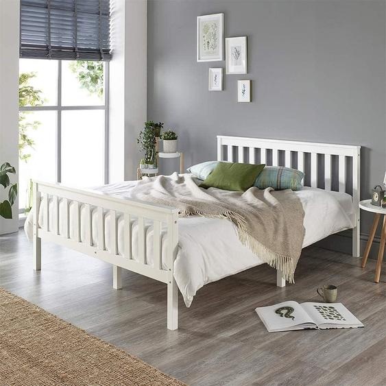 Lit en bois, blanc, style shaker, 160x200 cm, design classique et robuste