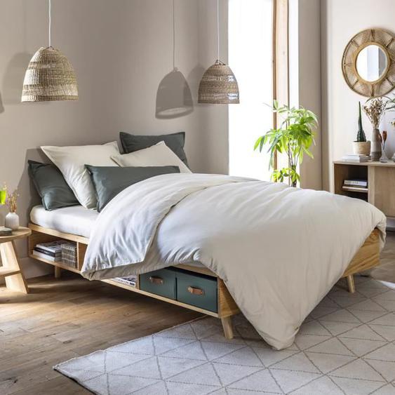 Lit en bois massif naturel avec rangements 160x200 - LT17024 - Bois naturel - Terre de Nuit