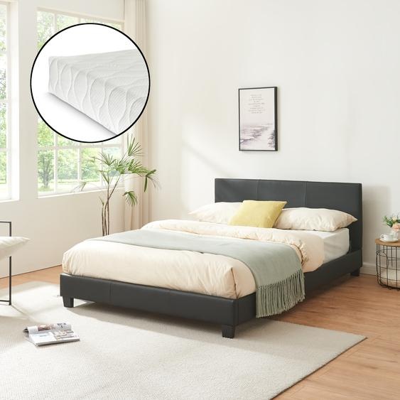 Lit en similicuir Albacete avec matelas similicuir 140x200 cm noir
