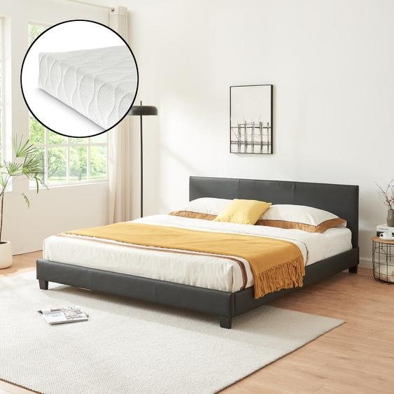 Lit en similicuir Albacete avec matelas similicuir 180 x 200 cm noir