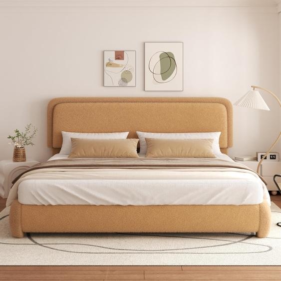 Lit en tissu Teddystoff 180x200 cm, avec repose-tête réglable et sommier à lattes, couleur marron