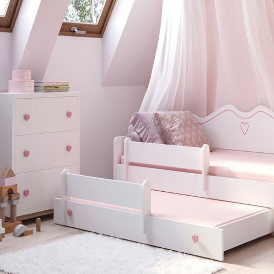 Lit enfant 2en1 80x160 avec lit gigogne - 2 matelas inclus - Structure de lit enfant  - Canapé-lit - Blanc et Rose