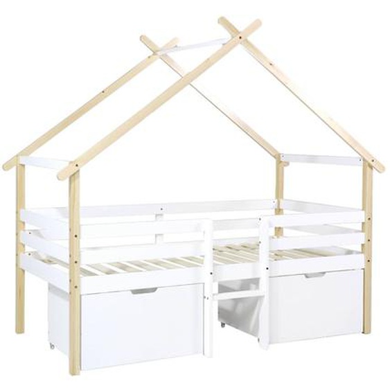 Lit Enfant 90 X 190 Cm Bois De Pin Sommier À Lattes Inclus Et 2 Tiroirs Sienna Blanc
