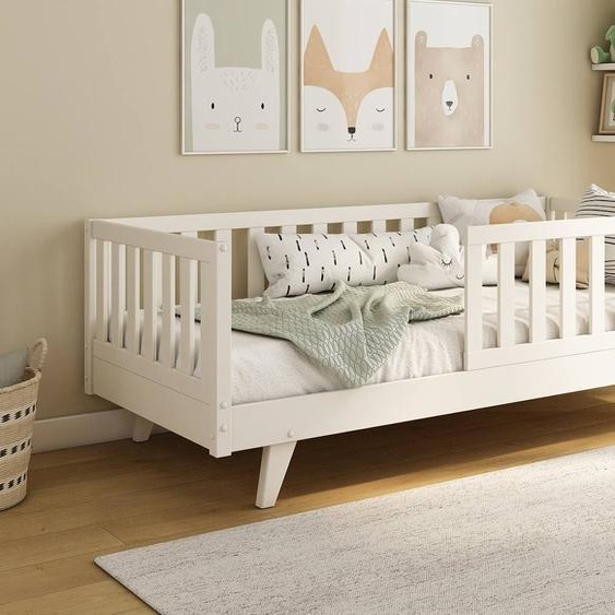 Lit Enfant Avec Barrière Amovible En Pin Massif Blanc