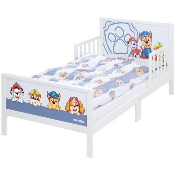 Lit Enfant Avec Barrières De Sécurité Et Linge De Lit Blanc / Pat Patrouille