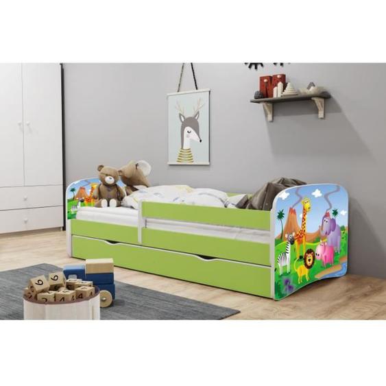 Lit enfant - Babydreams - Safari vert - 180x80 cm - Panneau mélaminé - Sécurisé avec garde-corps
