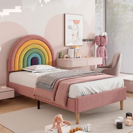 OKWISH Cadre de Lit Enfant et Ados 90x200cm avec Tête de Lit Arc-en-Ciel Réglable en Hauteur, Velours Rose