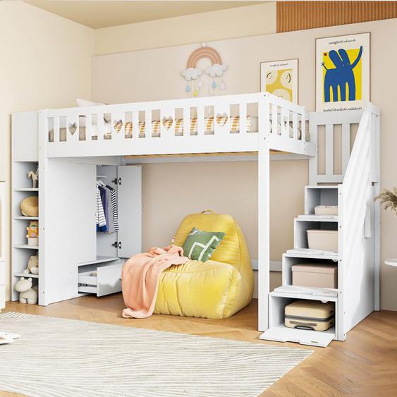 Lit enfant, lit mezzanine, lit superposé, 90*200 cm avec échelle de rangement et armoire de rangement - blanc.