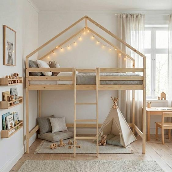 Lit Enfant Mezzanine Cabane 90 X 190 Cm Pin Naturel Sommier À Lattes Inclus - Roya Naturel