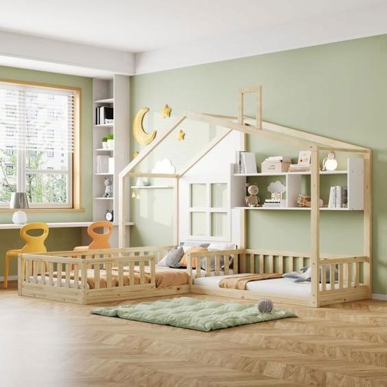 Lit Enfant - REDOM - Maison - Bois Massif - 90x200 cm - Avec Étagères - Barrière de Sécurité
