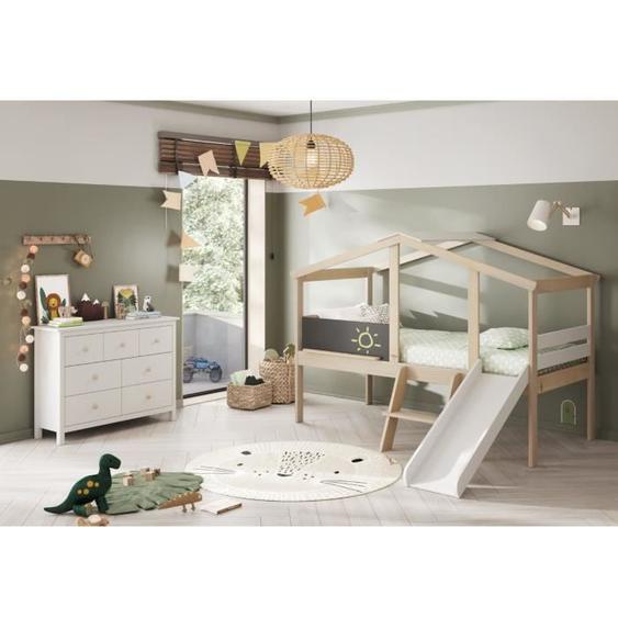 Lit enfant Tobogan en pin et MDF coloris blanc, gris anthracite - Longueur 204,9 x Profondeur 187,3 x Hauteur 147 cm