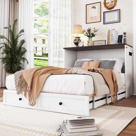 Lit escamotable avec tiroirs, prise USB, étagère et capacité de charge de 204kg, sans matelas140 x 200cm, blanc