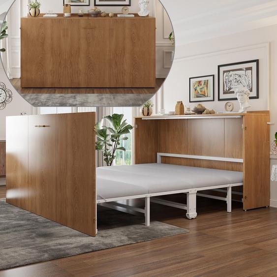 Lit escamotable Flieks 140 x 200 cm avec matelas en lin, lit pliant avec structure métallique et roulettes, lit Murphy pour adolescents ou invités, extensible, aspect naturel