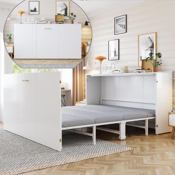 Lit escamotable Flieks 140 x 200 cm avec matelas en lin, lit pliant avec structure métallique et roulettes, lit Murphy pour adolescents ou invités, extensible, blanc