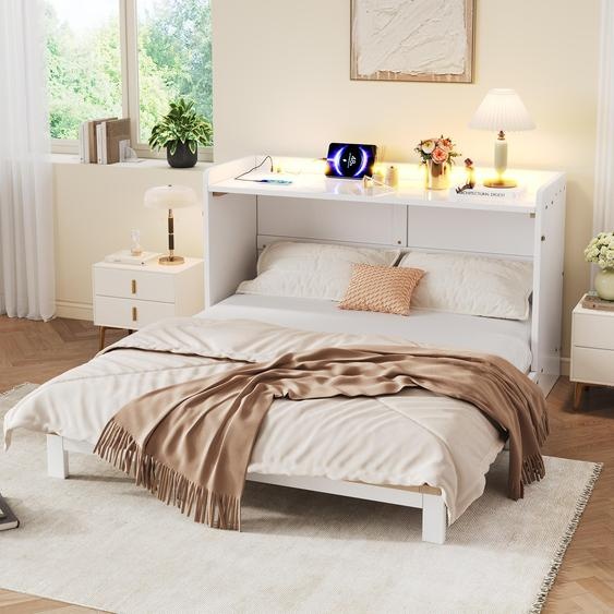 Lit escamotable Flieks 140 x 200 cm avec port USB et prise électrique, lit pliant mural avec éclairage LED, lit double en bois avec sommier à lattes, blanc