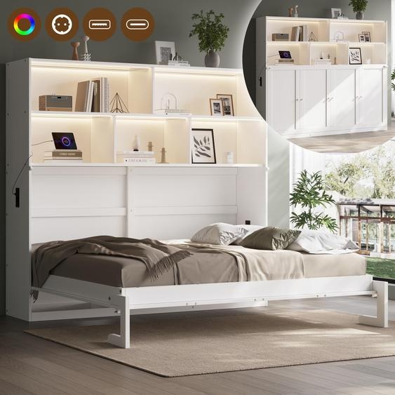 Lit escamotable Flieks 90x200 cm avec éclairage LED, lit Murphy avec fonction tiroir, lit rabattable pour chambre damis avec espaces de rangement, lit simple convertible, blanc