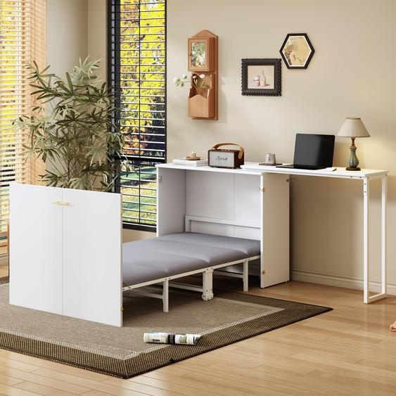 Lit escamotable Flieks avec bureau pivotant, lit escamotable mural pour adolescent avec matelas, lit escamotable Murphy pour adolescent avec roulettes, blanc