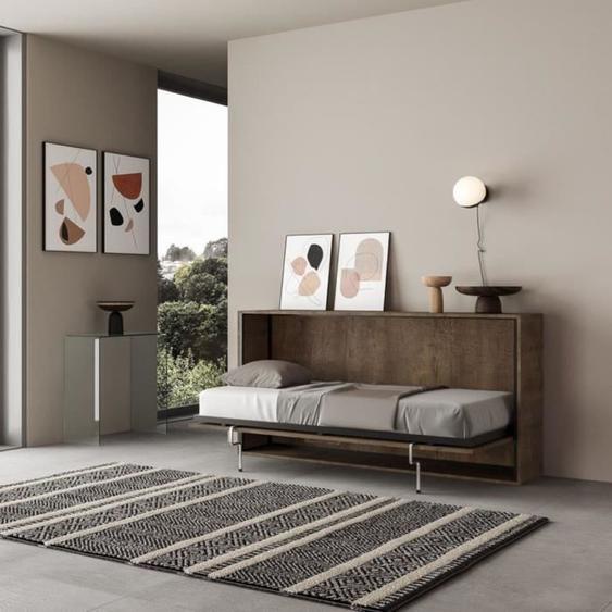 Lit escamotable horizontal - Kando - Simple - Noyer - Blanc - 90x190 cm