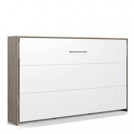 Lit escamotable horizontal VANIER décor chêne façade blanche couchage 120 x 200 cm