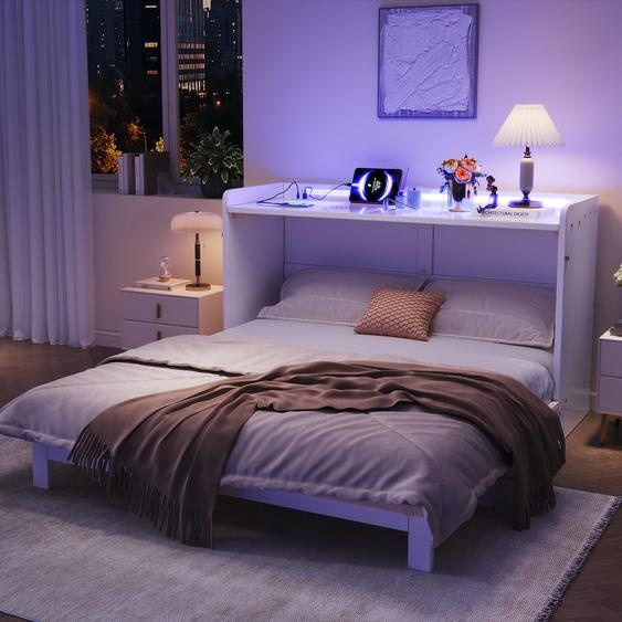 Lit escamotable Merax 140 x 200 cm avec LED, USB et prise électrique, finition brillante, tiroirs, lit rabattable mural, lit plateforme, blanc