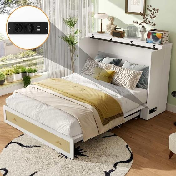 Lit escamotable multifonctionnel avec USB et prise électrique, tiroirs et étagère - lit plateforme transformable, gain de place, sans matelas, 140x200 cm, blanc