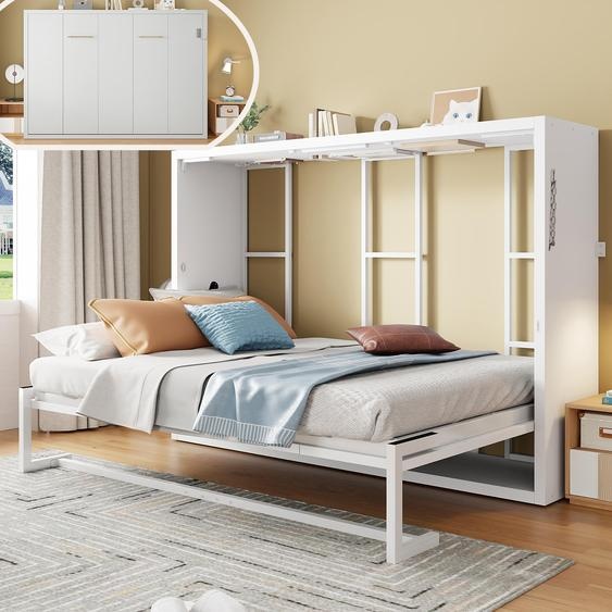 Lit escamotable mural Flieks, 140x200 cm, avec cadre en métal et plateau en bois, lit double escamotable avec fixation murale sécurisée, lit pour adolescents, blanc