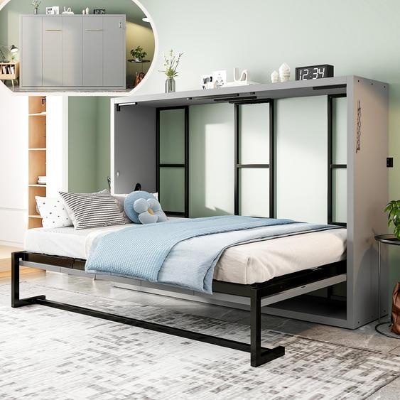 Lit escamotable mural Flieks, 140x200 cm, avec cadre en métal et plateau en bois, lit double escamotable avec fixation murale sécurisée, lit pour adolescents, couleur gris