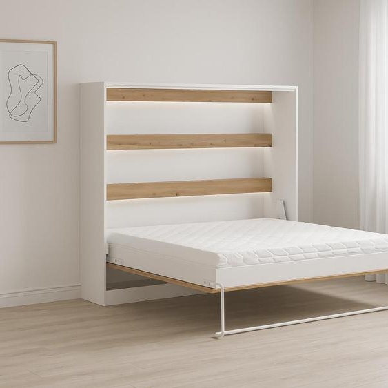 Lit escamotable Perfekt 140x200 un horizontal qui allie design et fonctionnalité Chne + Blanc