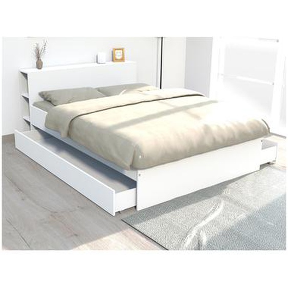 Lit EUGENE avec tête de lit rangements et tiroirs - 160 x 200 cm - Blanc