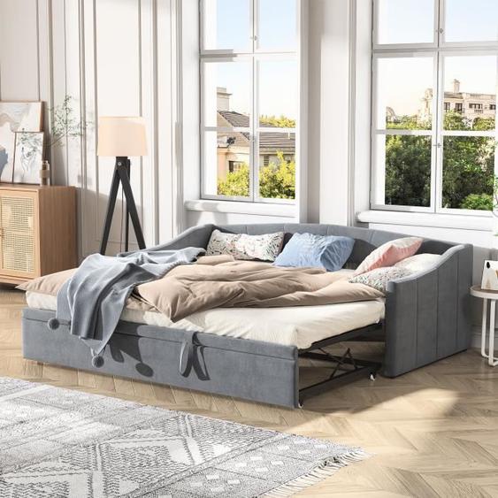 Lit extensible - MISNODE - Canapé-lit Gigogne - 90/180 x 200 cm - Tissu velours - 2 places