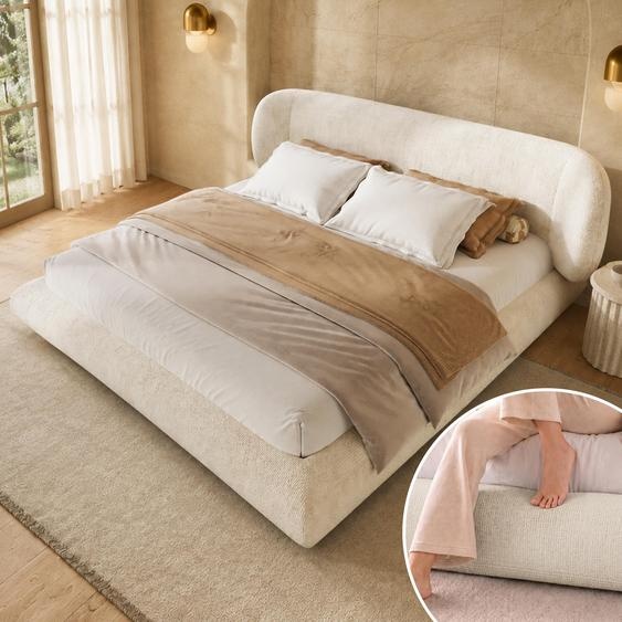 Lit Flieks 140x200 cm avec tête de lit, lit double pour adolescents avec sommier à lattes, lit classique en bois avec revêtement en velours, couleur beige