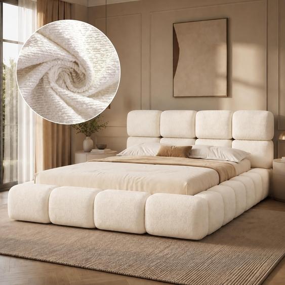 Lit Flieks 160x200 cm avec sommier à lattes, lit pour adolescents/lit double avec tête de lit rembourrée, lit classique en tissu bouclé, blanc
