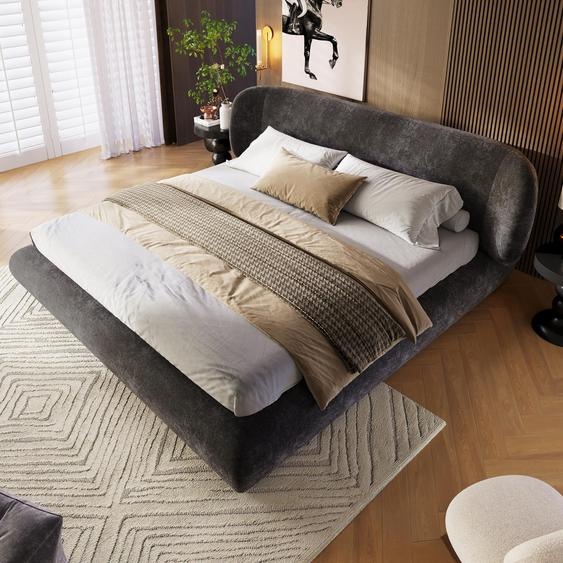 Lit Flieks 160x200 cm avec tête de lit, lit double pour adolescents avec sommier à lattes, lit classique en bois avec revêtement en velours, couleur gris