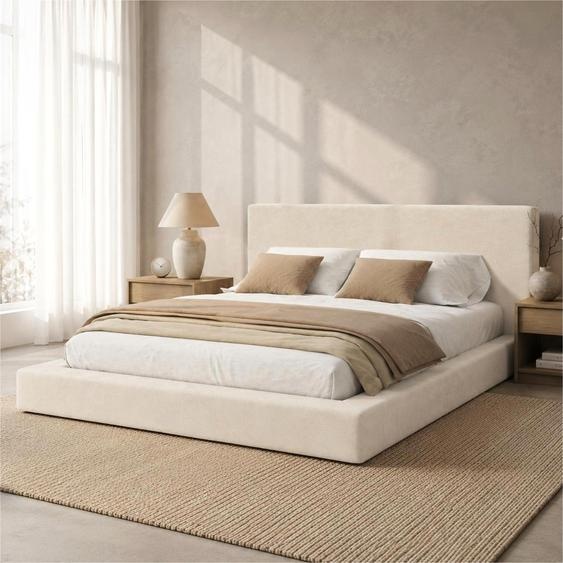 Lit Flieks 180x200 cm avec sommier à lattes, lit double, modèle classique avec tête de lit rembourrée. Lit pour adolescents, structure en bois avec revêtement en velours, couleur beige