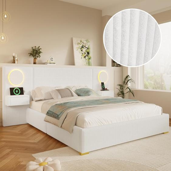 Lit Flieks 180x200 cm avec tables de chevet et revêtement en similicuir, lit pour adolescents, lit double avec port USB, lit classique en bois avec une tête de lit spacieuse, velours, beige
