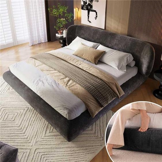 Lit Flieks 180x200 cm avec tête de lit, lit double pour adolescents avec sommier à lattes, lit classique en bois avec revêtement en velours, couleur gris