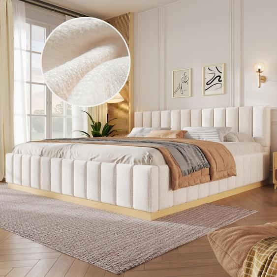 Lit Flieks 180x200 cm avec tête de lit rembourrée, lit pour adolescents, lit classique avec sommier à lattes, lit double en bois, tissu chenille, couleur beige
