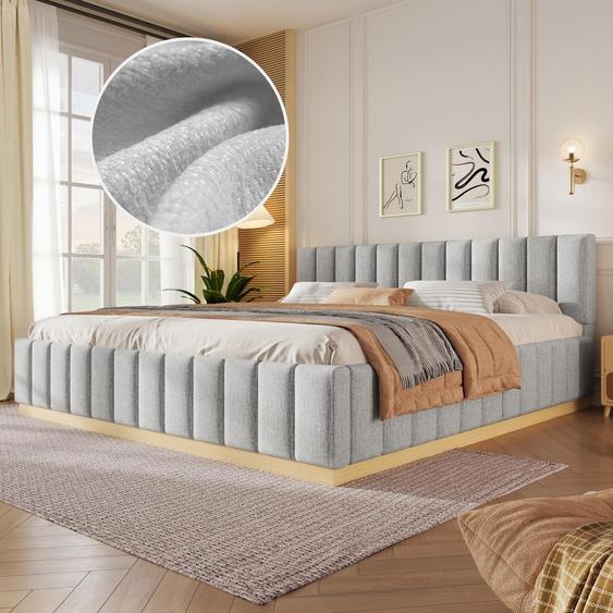 Lit Flieks 180x200 cm avec tête de lit rembourrée, lit pour adolescents, lit classique avec sommier à lattes, lit double en bois, tissu chenille, couleur gris