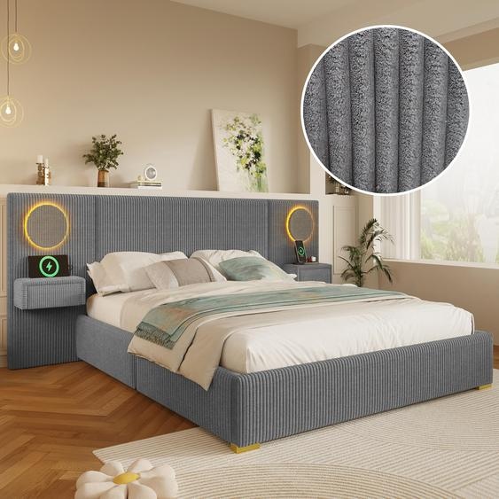 Lit Flieks avec sommier tapissé, dimensions 180x200 cm, comprenant des tables de chevet et une tête de lit en similicuir. Lit pour adolescents, lit double avec ports USB. Lit classique en bois avec une grande tête de lit, en velours, de couleur grise