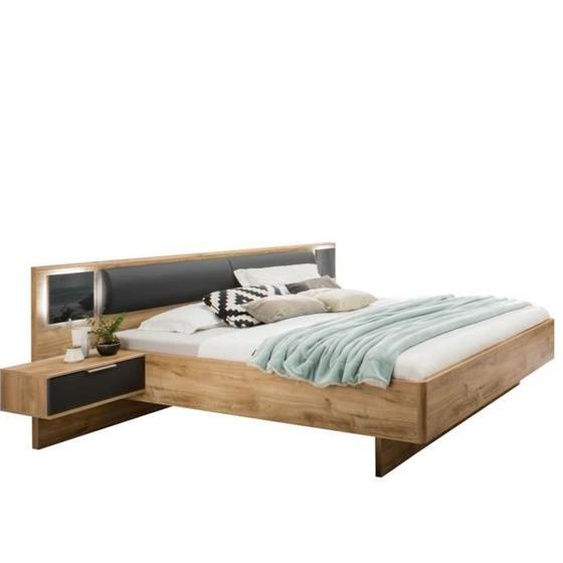 Lit futon AURELIA chêne poutre 160 x 200 cm + éclairage + chevets + coussin marron Bois Inside75